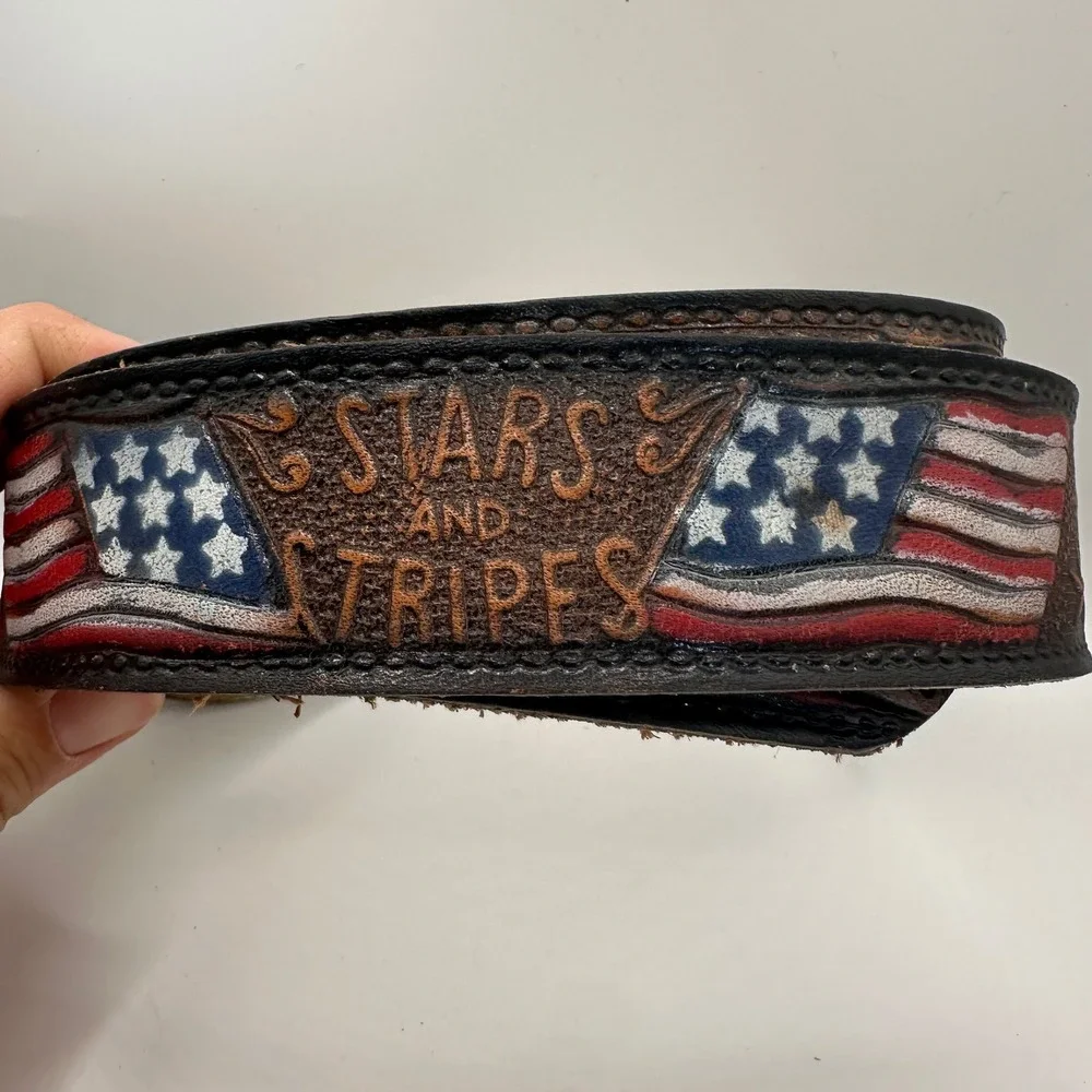 Brushy Creek Mens 38 Leather Belt USA Stars & Stripes Flag Western Brass Buckle